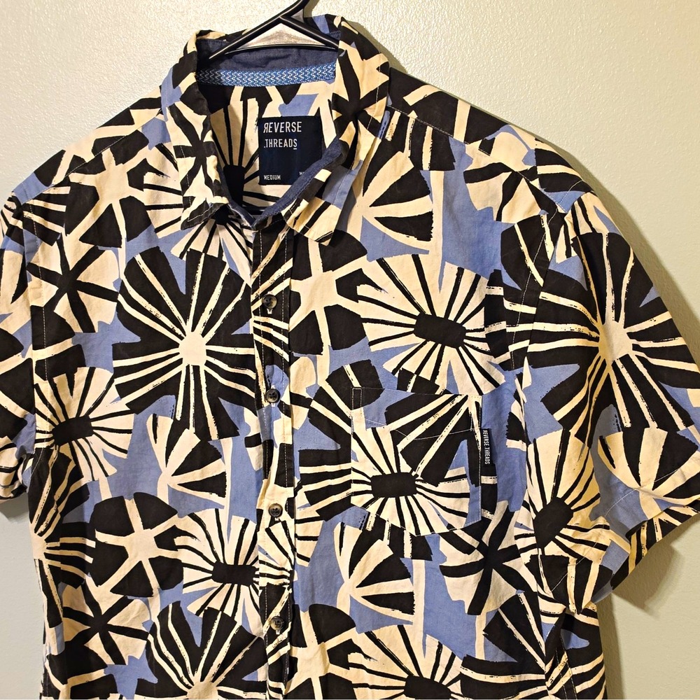 Reverse Threads Men's Woven Cotton SS Button-Up Geometric M Blue/Black #183